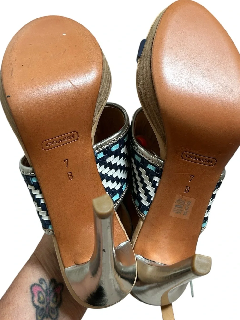 Coach Steffi Woven Slingback Heels in Silver and Metallic Navy